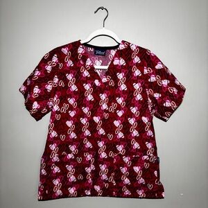 Tafford Scrubs Top Red and Pink Heart Pattern Medical Nursing Uniform Sz S